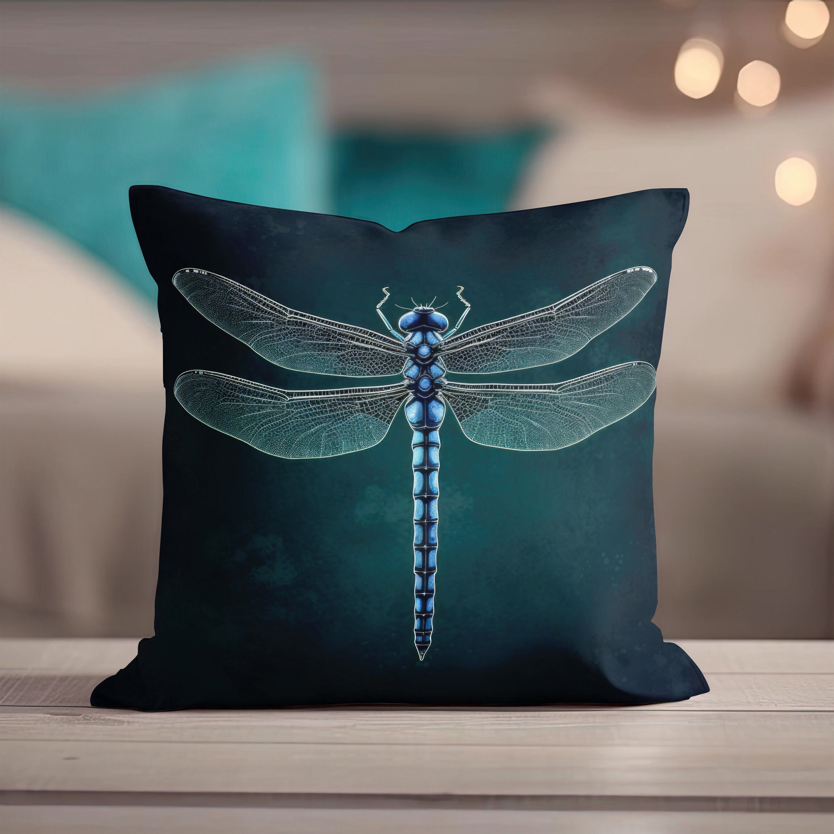 Dragonfly Pillow Blue Glowing Dragonfly Dark Teal Green Grunge