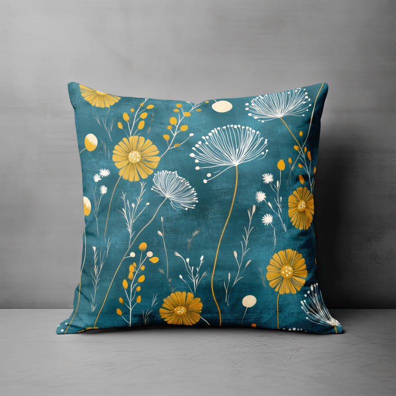 Dark Teal Dandelion Throw Pillow Cover - Floral Decorative Blue Green and Mustard Yellow Blue Green Modern Cushion Spring Home Decor image 8