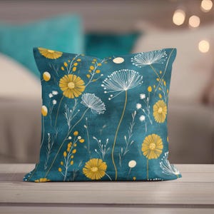 Dark Teal Dandelion Throw Pillow Cover - Floral Decorative Blue Green and Mustard Yellow Blue Green Modern Cushion Spring Home Decor image 6