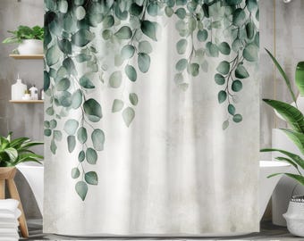 Green Shower Curtain - Boho Shower Curtain, Eucalpytus Plant Leaves Botanical Minimalist Decorative Curtain Designer Bathroom Decor