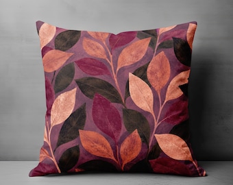 Housse de coussin automnale, coussin feuille prune bordeaux, décor botanique orange rouille, coussin décoratif automne, décoration intérieure vintage moderne