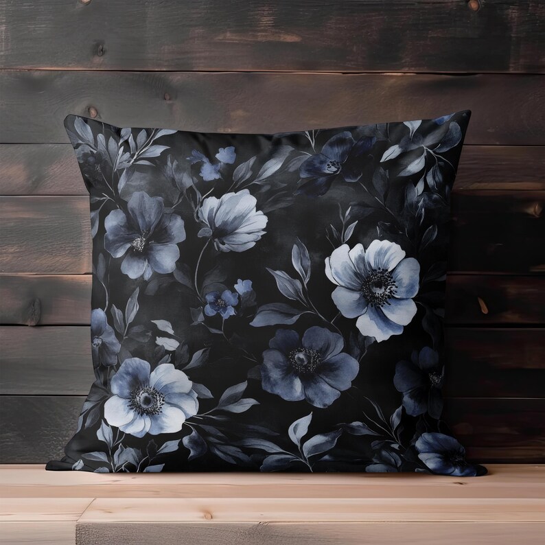 Whimsigoth Throw Pillow, Black Floral Pillow Covers, Gothic Throw Pillow, Moody Gray Decorative Pillow Blue Flower Accent Couch Home Decor image 7