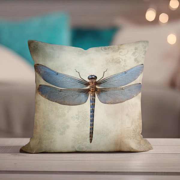 Dragonfly Pillow - Throw Pillow, Vintage Aesthetic, Accent Pillow for Couch, Chair or Bed, Cottage Decor, Decorative Pillow, Dragonfly Gift