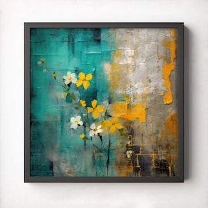 Abstract Flowers Printable Wall Art, Digital Download, Abstract Art, Contemporary, Botanical Art Print, Abstract Print, turquoise, yellow