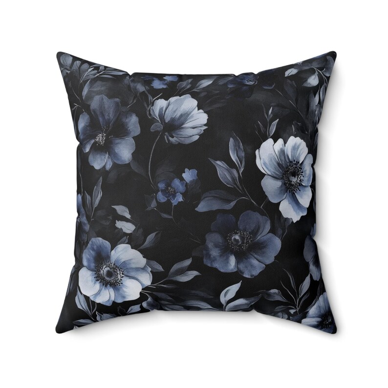 Whimsigoth Throw Pillow, Black Floral Pillow Covers, Gothic Throw Pillow, Moody Gray Decorative Pillow Blue Flower Accent Couch Home Decor THROW PILLOW