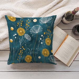 Dark Teal Dandelion Throw Pillow Cover - Floral Decorative Blue Green and Mustard Yellow Blue Green Modern Cushion Spring Home Decor image 5