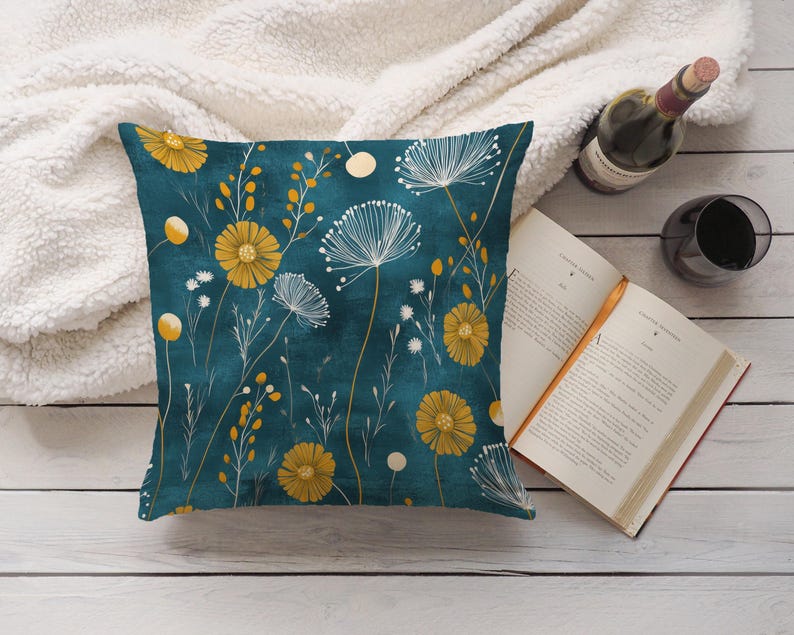Dark Teal Dandelion Throw Pillow Cover - Floral Decorative Blue Green and Mustard Yellow Blue Green Modern Cushion Spring Home Decor image 5