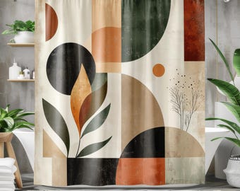 Boho Shower Curtain - Earthy Bathroom Shower Decor Neutral, Brown Neutral Brown Nature Inspired Minimalist Designer Bathroom Decor