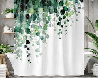 Green Shower Curtain - Boho Shower Curtain, Eucalpytus Plant Leaves Botanical Minimalist Decorative Curtain Designer Bathroom Decor