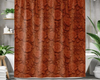 rideau de douche floral vintage, décoration de salle de bain bohème en terre cuite, motif botanique vintage orange, rideau de bain rustique, décoration dans les tons de terre de mauvaise humeur