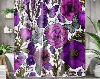 Rideau de douche floral violet, décoration de salle de bain fleurs botaniques, rideau papillon lavande audacieux, salle de bain cottage féminin, décoration printanière