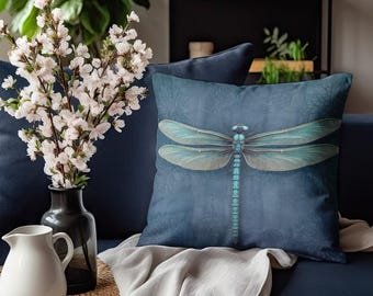 Dragonfly Throw Pillow - Dark Blue Accent Pillow with Turquoise Dragonfly for Couch, Decorative Pillow, Whimsical Cottage Dragonfly Decor