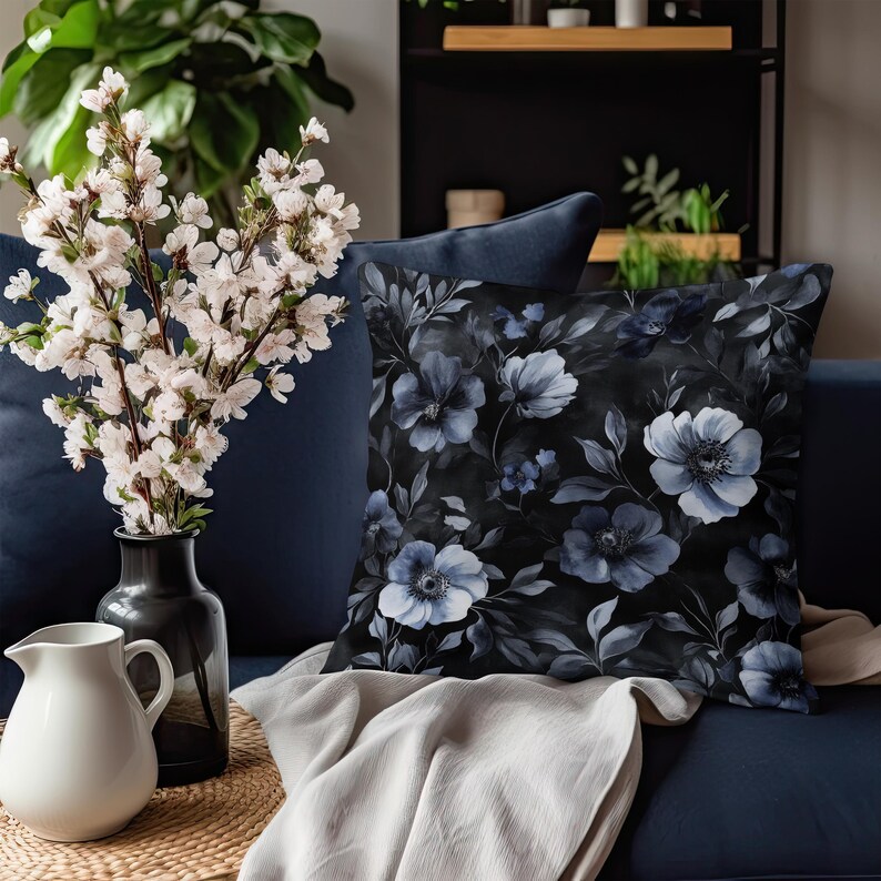 Whimsigoth Throw Pillow, Black Floral Pillow Covers, Gothic Throw Pillow, Moody Gray Decorative Pillow Blue Flower Accent Couch Home Decor image 5