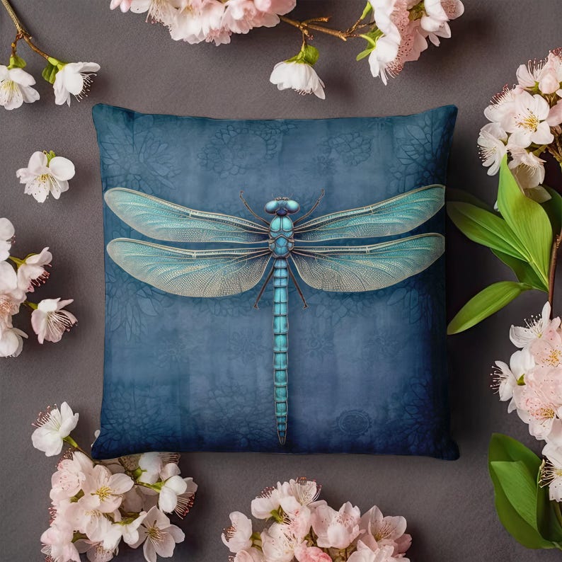 Dragonfly Throw Pillow - Dark Blue Accent Pillow with Turquoise Dragonfly for Couch, Decorative Pillow, Whimsical Cottage Dragonfly Decor immagine 8