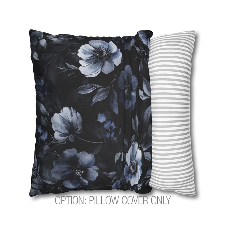 Whimsigoth Throw Pillow, Black Floral Pillow Covers, Gothic Throw Pillow, Moody Gray Decorative Pillow Blue Flower Accent Couch Home Decor PILLOW COVER ONLY