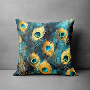 Peacock Throw Pillow Cover - Abstract Turquoise Decorative Pillow Unique Spiritual Peacock Feather Teal Blue Yellow Gold Pillow Home Decor
