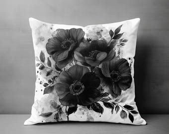 Floral Throw Pillow, Whimsigoth Pillow Covers, Black & White Throw Pillow, Decorative Pillow, Gothic Flowers Accent Couch Home Decor