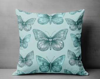 Coussin décoratif papillon bleu, housse de coussin botanique minimale, décoration côtière moderne, coussin turquoise doux, décoration d'intérieur neutre inspirée de la nature
