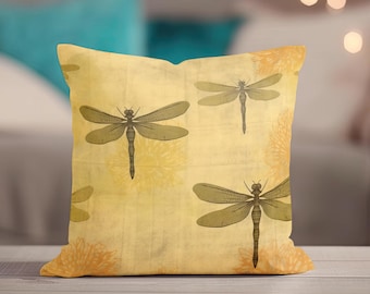 Yellow Dragonfly Pillow - Throw Pillow, Vintage Style Accent Pillow, Square Art Pillow, Cottage Decor, Decorative Pillow, Dragonflies Gift