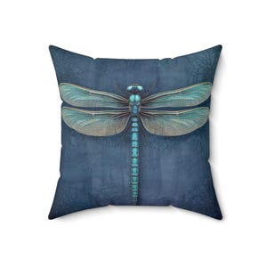 Dragonfly Throw Pillow - Dark Blue Accent Pillow with Turquoise Dragonfly for Couch, Decorative Pillow, Whimsical Cottage Dragonfly Decor THROW PILLOW