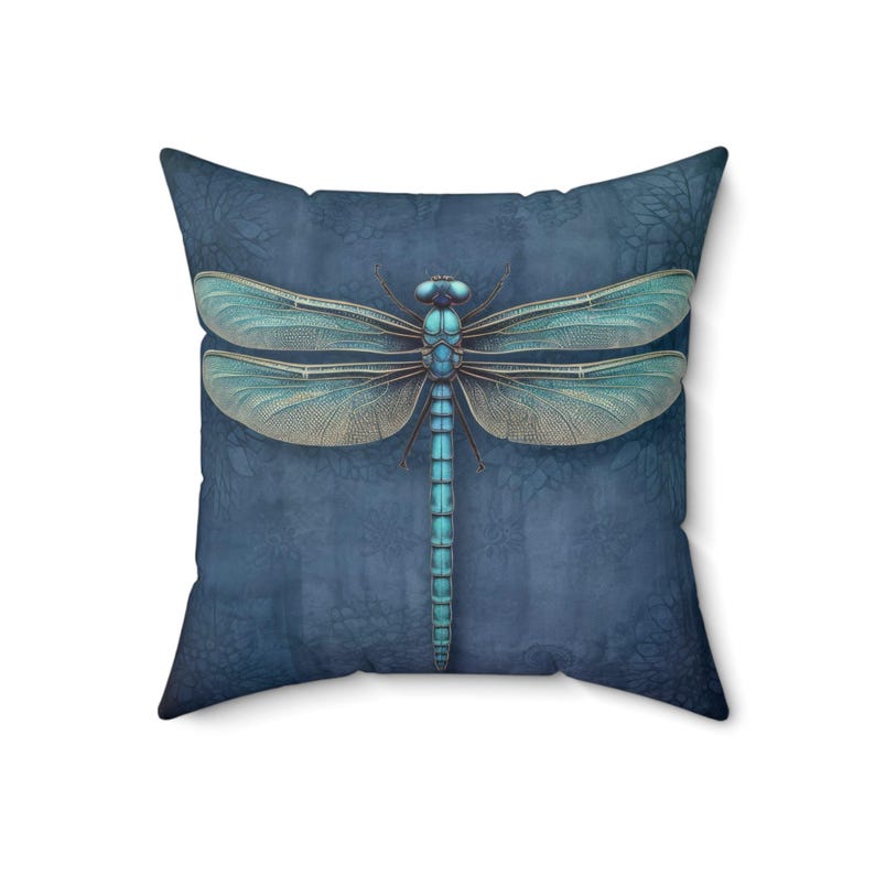 Dragonfly Throw Pillow - Dark Blue Accent Pillow with Turquoise Dragonfly for Couch, Decorative Pillow, Whimsical Cottage Dragonfly Decor THROW PILLOW