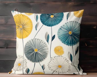 Dandelions Throw Pillow Cover - Spring Floral Decorative Cushion Accent Teal and Yellow Modern Contemporary Home Decor