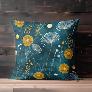 Dark Teal Dandelion Throw Pillow Cover - Floral Decorative Blue Green and Mustard Yellow Blue Green Modern Cushion Spring Home Decor image 7