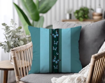 Oreiller papillon bleu sarcelle, housse à rayures modernes, coussin décoratif botanique, décoration d'intérieur contemporaine