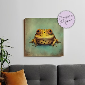 Frog Art Print - PRINTED & SHIPPED Canvas, Cute Green Frog Vintage Art Style Wall Decor, Whimsical Art, Animal Gift Frog or Toad Lover