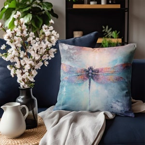 Dragonfly Pillow, Accent Throw Pillow, Decorative Couch Pillow, Designer Pillow, Fantasy Pink and Blue Grunge Abstract Dragonfly Home Decor