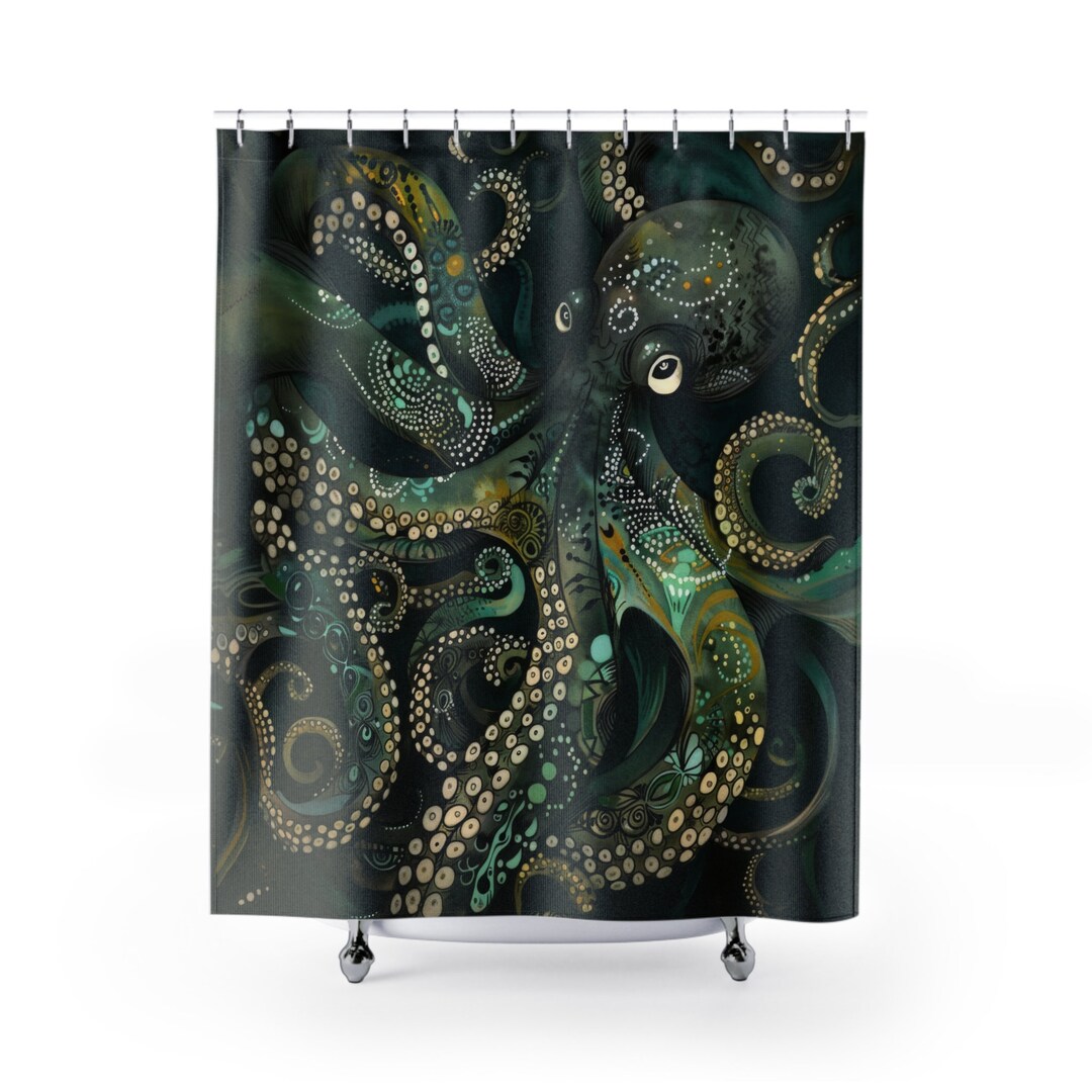 Octopus Shower Curtain Dark Green Shower Curtain Whimsical Ocean Theme