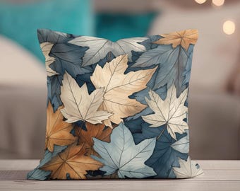 Fall Pillow, Throw Pillow Covers, Blue Autumn Leaves Decor, Pillowcase, Pillow Cover, Nature Pillow, Couch Pillow, Neutral Gray Home Decor