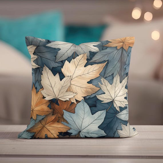 Fall Pillow, Throw Pillow Covers, Blue Autumn Leaves Decor, Pillowcase, Pillow Cover, Nature Pillow, Couch Pillow, Neutral Gray Home Decor