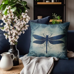 Dragonfly Pillow - Floral Throw Pillow, Blue Vintage Style Pillow, Victorian Gothic Accent Pillow, Dragonfly Lover Gift, Navy Blue Pillow