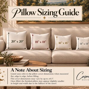 May include: A pillow sizing guide graphic featuring four square pillows on a sofa with dimensions 20x20, 18x18, 16x16, and 14x14 inches. The text reads Pillow Sizing Guide and A Note About Sizing, explaining that dimensions refer to flat covers.