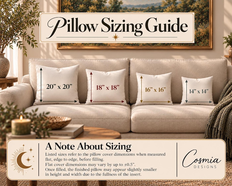 May include: A pillow sizing guide graphic featuring four square pillows on a sofa with dimensions 20x20, 18x18, 16x16, and 14x14 inches. The text reads Pillow Sizing Guide and A Note About Sizing, explaining that dimensions refer to flat covers.