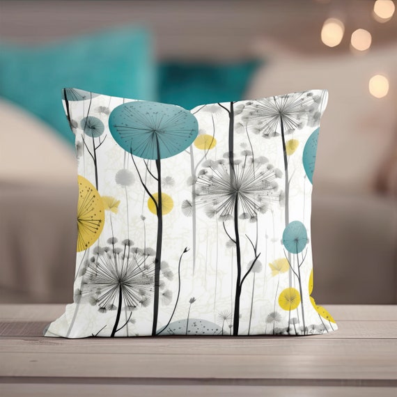 Dandelion Throw Pillow Floral Throw Pillow Teal and Mustard Yellow Decor Mid century Dandelion Designer Pillow Cute Accent Home Gift Etsy