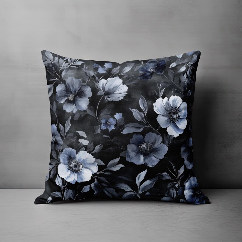 Whimsigoth Throw Pillow, Black Floral Pillow Covers, Gothic Throw Pillow, Moody Gray Decorative Pillow Blue Flower Accent Couch Home Decor image 8