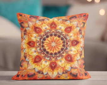 Mandala Throw Pillow - Boho Sunburst Cushion for Modern and Bohemian Decor, Orange Sun Throw Pillow Spiritual Meditation Home Decor