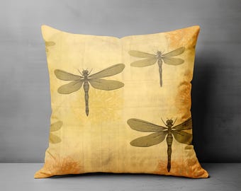 Yellow Dragonfly Pillow - Throw Pillow, Vintage Style Accent Pillow, Square Art Pillow, Cottage Decor, Decorative Pillow, Dragonflies Gift