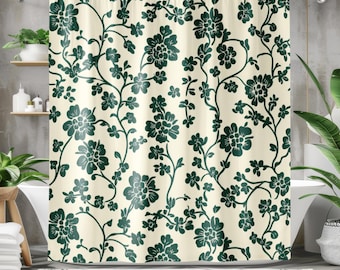 Green Shower Curtain - Boho Shower Curtain, Floral, Botanical Cottagecore Whimsical Designer Bathroom Decor