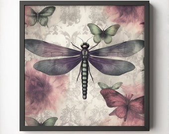 Dragonfly Wall Art, Digital Download, Wall Decor, Dragonfly Art Print, Dragonfly Abstract Print, Dragonfly Printable, pink and gray