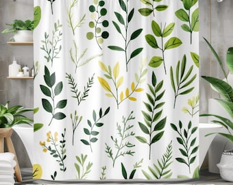 Green Shower Curtain - Boho Shower Curtain, Modern Minimalist Shower Curtain, Botanical Leaves Designer Bathroom Decor