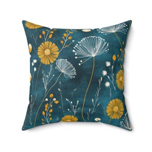 Dark Teal Dandelion Throw Pillow Cover - Floral Decorative Blue Green and Mustard Yellow Blue Green Modern Cushion Spring Home Decor image 3