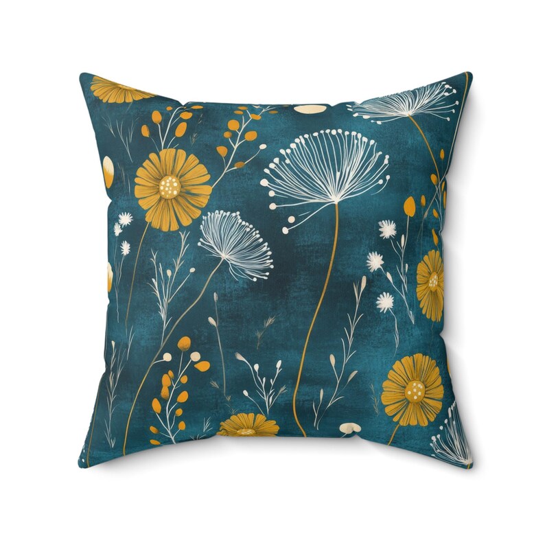 Dark Teal Dandelion Throw Pillow Cover - Floral Decorative Blue Green and Mustard Yellow Blue Green Modern Cushion Spring Home Decor image 3