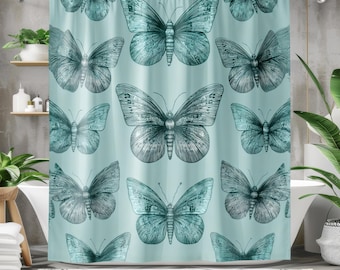 Rideau de douche papillon bleu, décoration de salle de bain botanique sarcelle, rideau de bain spa côtier, rideau de douche nature minimaliste, décoration de salle de bain moderne