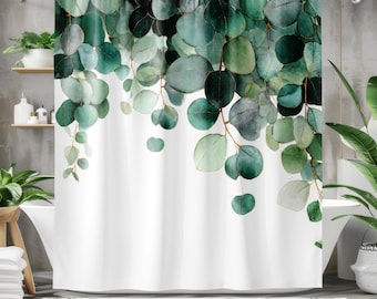 Botanical Green Shower Curtain - Boho Shower Curtain, Eucalyptus Plant Leaves Botanical Minimalist Decorative Designer Bathroom Decor