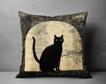 Black Cat Halloween Pillow, Halloween Throw Pillow, Spooky Cat Pillow Cover, Spooky Cat Decor, Black Cat Accent Pillow, Whimsigoth Decor