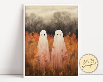 Ghosts Art Print, Halloween Art Print, Halloween Decor, Cute Ghosts in Field, Fall Art, Spooky Ghosts, Printable Wall Art, Digital Download