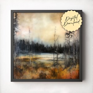 Horizon Wall Art, Digital Download, Printable Art, Encaustic Style Print, Neutral Wall Art, Brown and Gray Decor, Wooded Art, Landscape Art